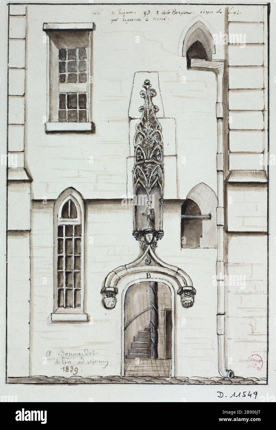 College of Bayeux, 93 Rue de la Harpe Alfred Bonnardot (1808-1884). Collège de Bayeux, 93 rue de la Harpe. Plume, lavis et rehaut de blanc sur papier gris clair, 1839. Parigi, musée Carnavalet. Foto Stock