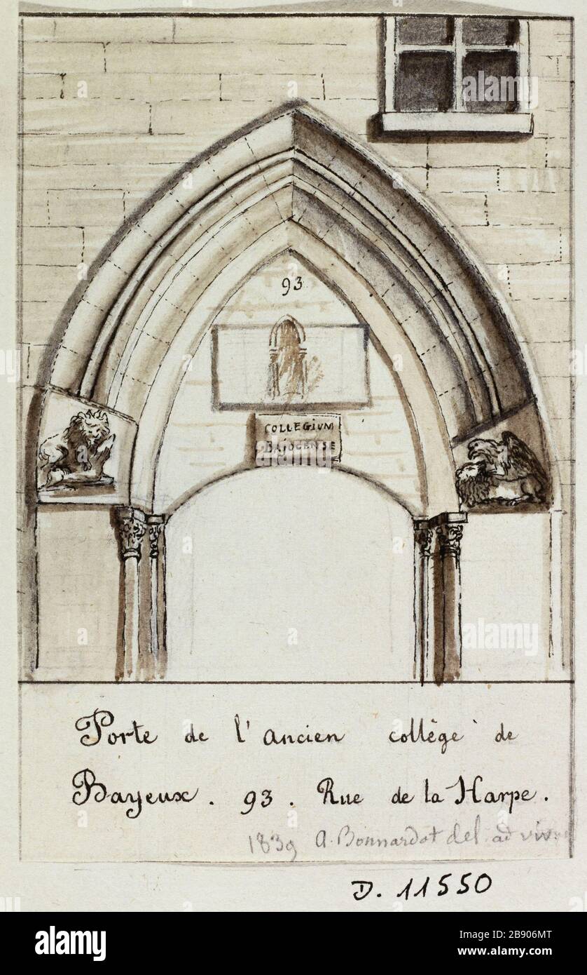 College Gate Bayeux, 93 rue de la Harpe Alfred Bonnardot (1808-1884). Porte du collège de Bayeux, 93 rue de la Harpe. Plume et crayon sur papier calque, 1839. Parigi, musée Carnavalet. Foto Stock