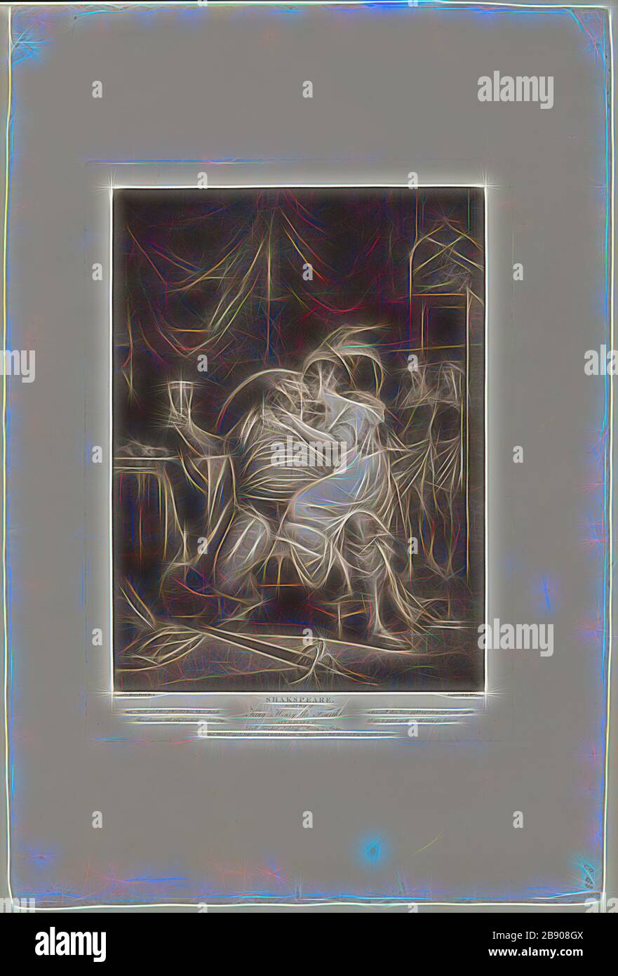 Prince Hal and Poins Surprise Falstaff with Doll Tearsheet, 1795, William Satchwell Leney (inglese, 1769-1831), dopo Henry Fuseli (svizzero, attivo in Inghilterra, 1741-1825), pubblicato da John Boydell (inglese, 1719-1804), autore di William Shakespeare (inglese, 1564-1616), Inghilterra, Engraving on avorio × 565 mm (carta), 413 mm 868 × 581 mm (foglio), Reimagined by Gibon, design di calore allegro di luminosità e raggi di luce radianza. Arte classica reinventata con un tocco moderno. Fotografia ispirata al futurismo, che abbraccia l'energia dinamica della tecnologia moderna, del movimento, della velocità e della rivoluzione Foto Stock