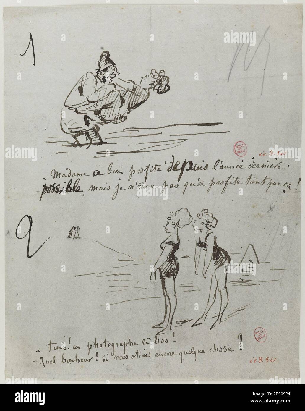 Cartone animato sul bagno. Cham (Amédée Charles de Noé, dit) 1819-1879. Caricature sur les bains de mer. Dessin à la plume sur papier beige. Parigi, musée Carnavalet. Foto Stock