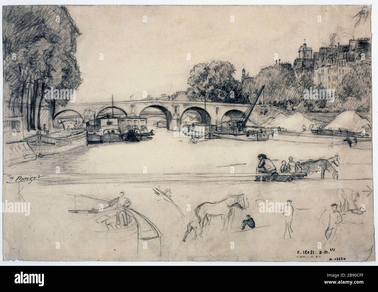 Il ponte Marie Louis-Simon Boizot (1743-1809). Le pont Marie. Crayon de couleur noire sur papier pinna crème, 1743-1809. Parigi, musée Carnavalet. Foto Stock