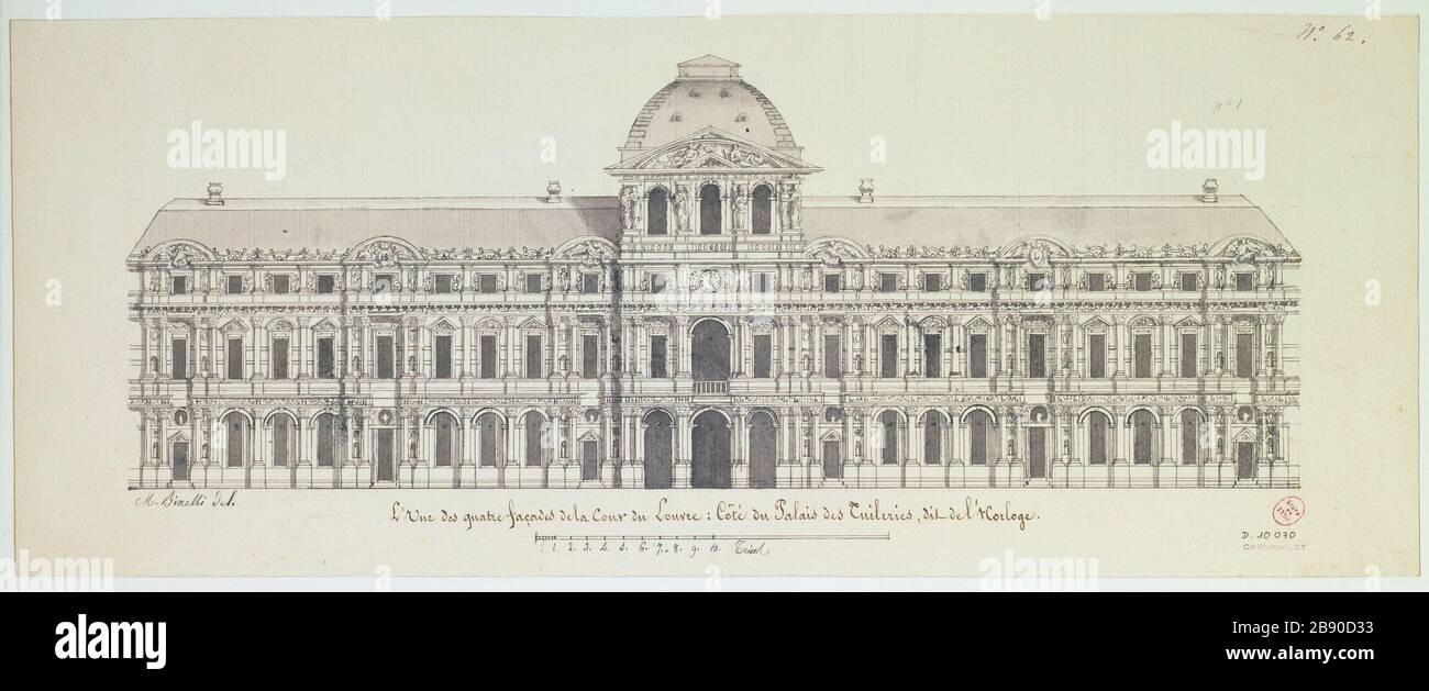 Una delle quattro facciate del lato del Louvre Court del Palazzo Tuileries, ha detto Orologio. M. Binelli. L'une des quatre façades de la Cour du Louvre : côté du Palais des Tuileries, dit de l'Horloge. Plume, lavis sur crème papier. Parigi, musée Carnavalet. Foto Stock