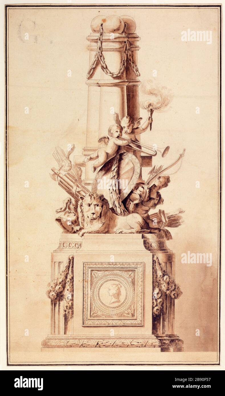 Progetto per un monumento con trofei e medaglioni Jean-Charles Delafosse (1734-1789), peintre français. Projet pour un monumento avec Trophées et médaillon, 1770-1790. Plume et lavis de sépia sur papier crème. Parigi, musée Carnavalet. Foto Stock