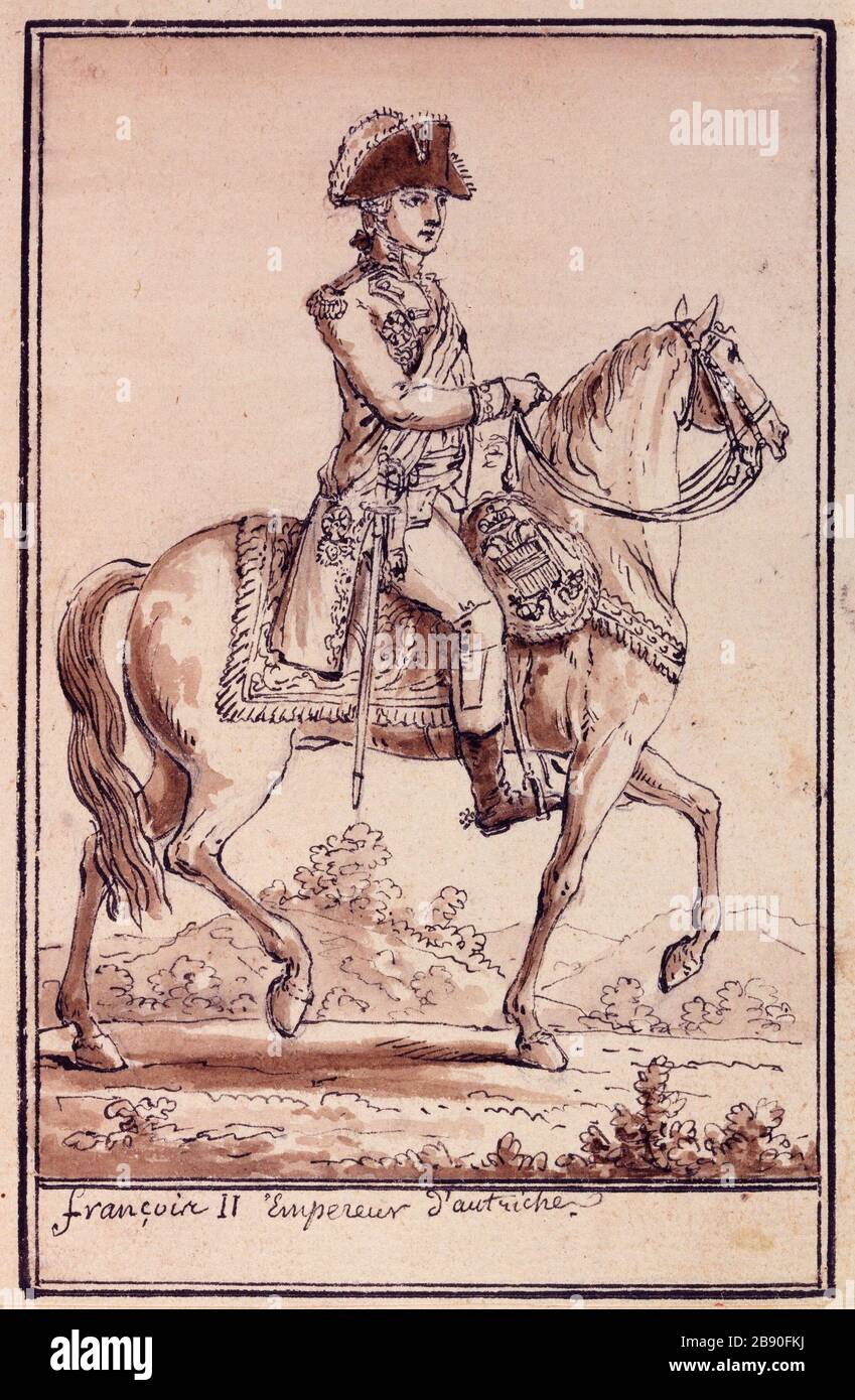 Ritratto equestre di Francesco II imperatore d'Austria Claude-Louis Desrais ou Desray (1746-1816). Portrait équestre de François II Empereur d'Autriche, 1799-1809. Plume, lavis sur papier. Parigi, musée Carnavalet. Foto Stock