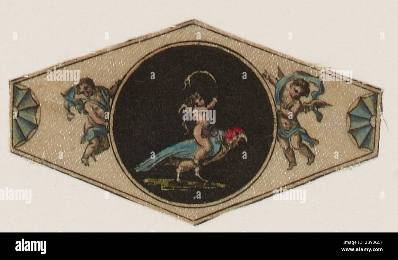 Putto su un uccello e corna soffianti Foto Stock