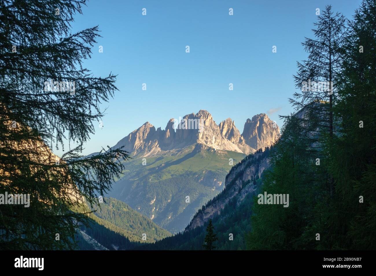 Le vette del Gruppo Langkofel/Sassoluno viste in lontananza attraverso la Val Contrin Foto Stock