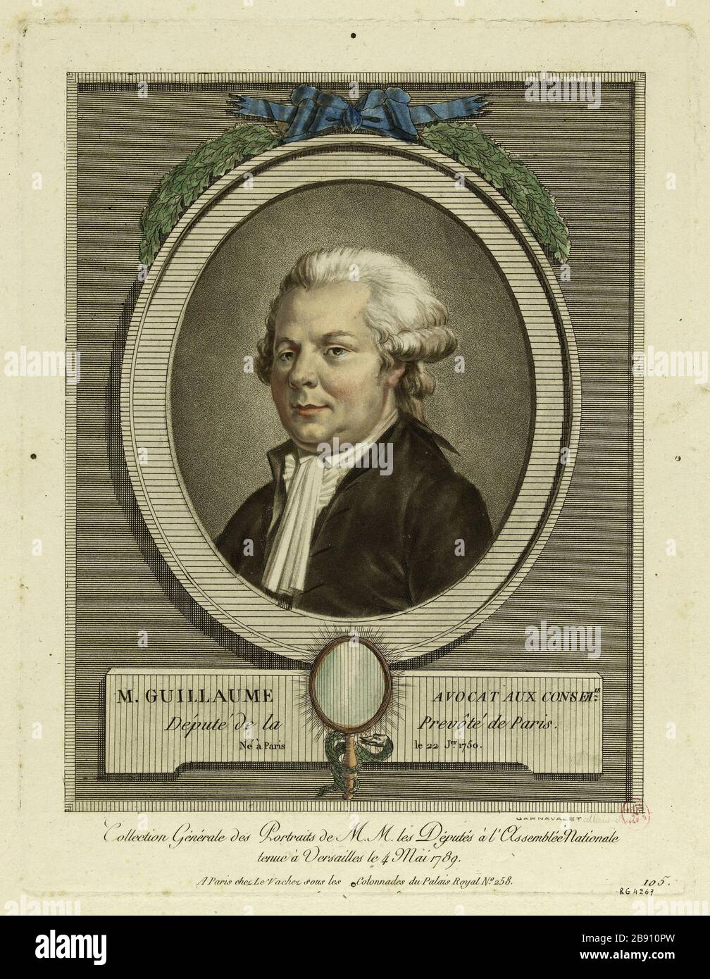 Ritratto di Louis-Marie Guillaume, avvocato per consulenza, membro del prevosto di Parigi. Collezione Generale ritratti di MMM. I deputati all'Assemblea Nazionale di Versailles 4 maggio 1789 agli Stati generali. Louis-Jean Allais (1762-1833). Portrait de Louis-Marie Guillaume, avocat aux Conseils, député de la prévôté de Paris. Collezione générale des ritratti de mm. Les députés à l'Assemblée nationale tenue à Versailles le 4 mai 1789 pour les Etats Généraux. Aquatinte en noir et blanc au repérage (punti quatre) ; encadrement à l'eau-forte. Eléments du décor aquarellé (ruban, feuilles de chêne, Foto Stock