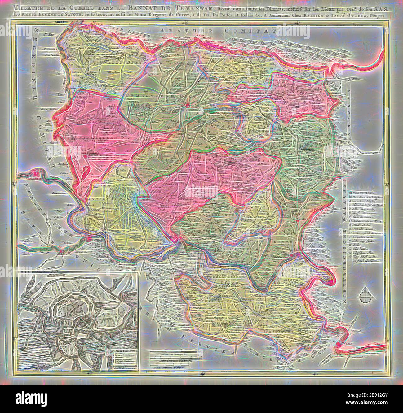 Mappa, Theatre de la guerre dans le Bannat de Temeswar divisé dans bagarini ses distretti, mesuré sur les lieux per Ord.e de feu S.A.S le Prince Eugene de Savoye, ou se trouvent aussi Mines d'argent, de cuivre, & de fer, les postes et relais c., Copperplate print, Reimagined by Gibon, &Copperplate design di calore allegro di luminosità e raggi di luce radianza. Arte classica reinventata con un tocco moderno. La fotografia ispirata al futurismo, che abbraccia l'energia dinamica della tecnologia moderna, del movimento, della velocità e rivoluziona la cultura. Foto Stock