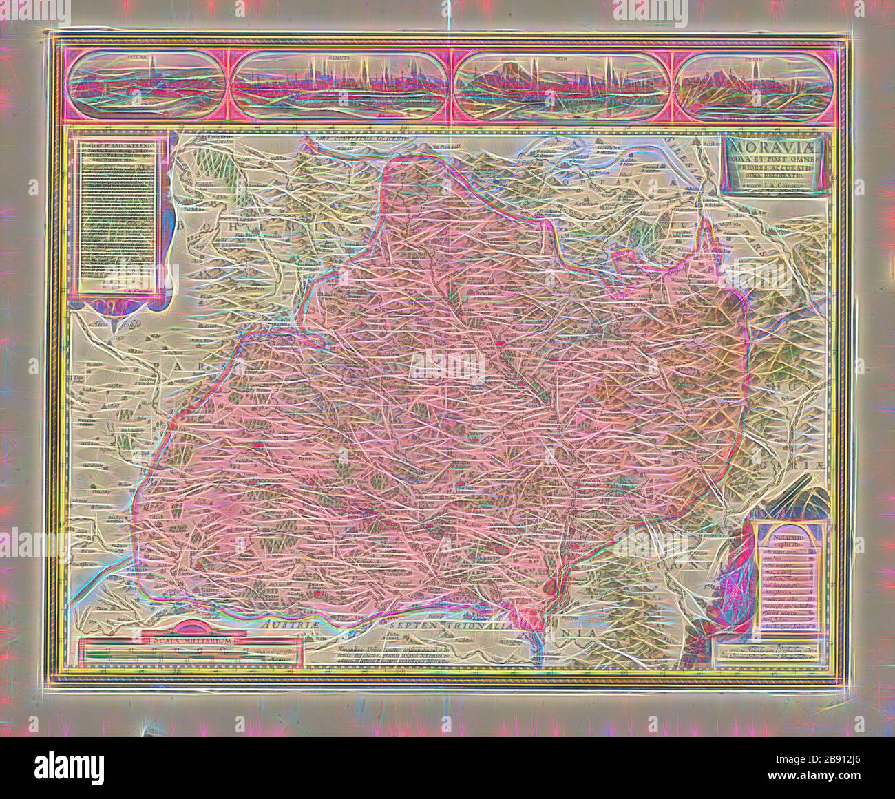 Mappa, Moraviae nova et post omnes priores accurata delineatio, Jan Amos Comenius (1592-1670), Copperplate print, Reimagined by Gibon, design di caldo allegro bagliore di luminosità e raggi di luce radianza. Arte classica reinventata con un tocco moderno. La fotografia ispirata al futurismo, che abbraccia l'energia dinamica della tecnologia moderna, del movimento, della velocità e rivoluziona la cultura. Foto Stock