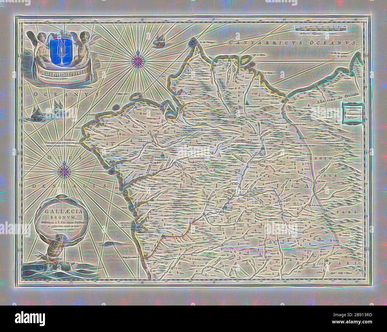 Mappa, Gallaecia, Regnvm, Hernando d'Ojea (-1615), Copperplate print, Reimagined by Gibon, disegno di calda luce allegra di luminosità e raggi di luce radianza. Arte classica reinventata con un tocco moderno. La fotografia ispirata al futurismo, che abbraccia l'energia dinamica della tecnologia moderna, del movimento, della velocità e rivoluziona la cultura. Foto Stock