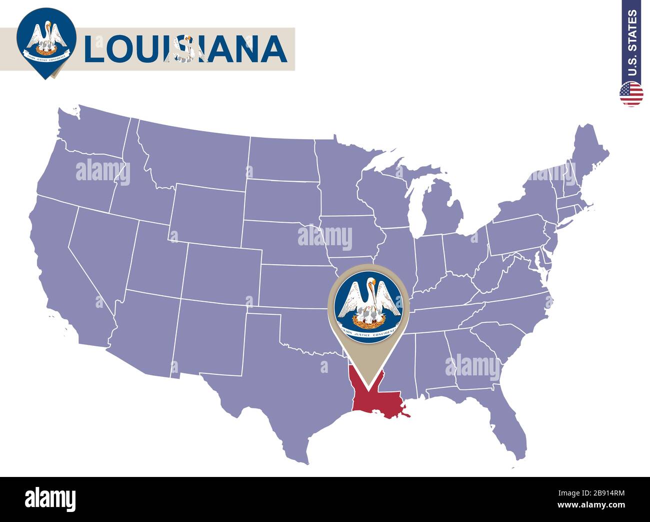 Stato della Louisiana sulla mappa degli Stati Uniti. Bandiera e mappa della Louisiana. STATI UNITI. Illustrazione Vettoriale