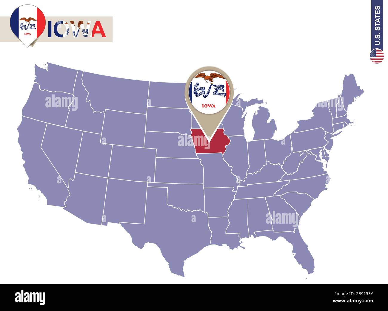 Iowa state sulla mappa degli Stati Uniti. Bandiera e mappa dell'Iowa. STATI UNITI. Illustrazione Vettoriale
