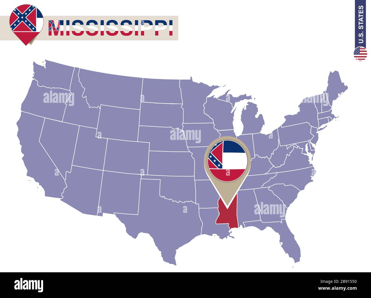 Stato del Mississippi sulla mappa degli Stati Uniti. Bandiera e mappa del Mississippi. STATI UNITI. Illustrazione Vettoriale