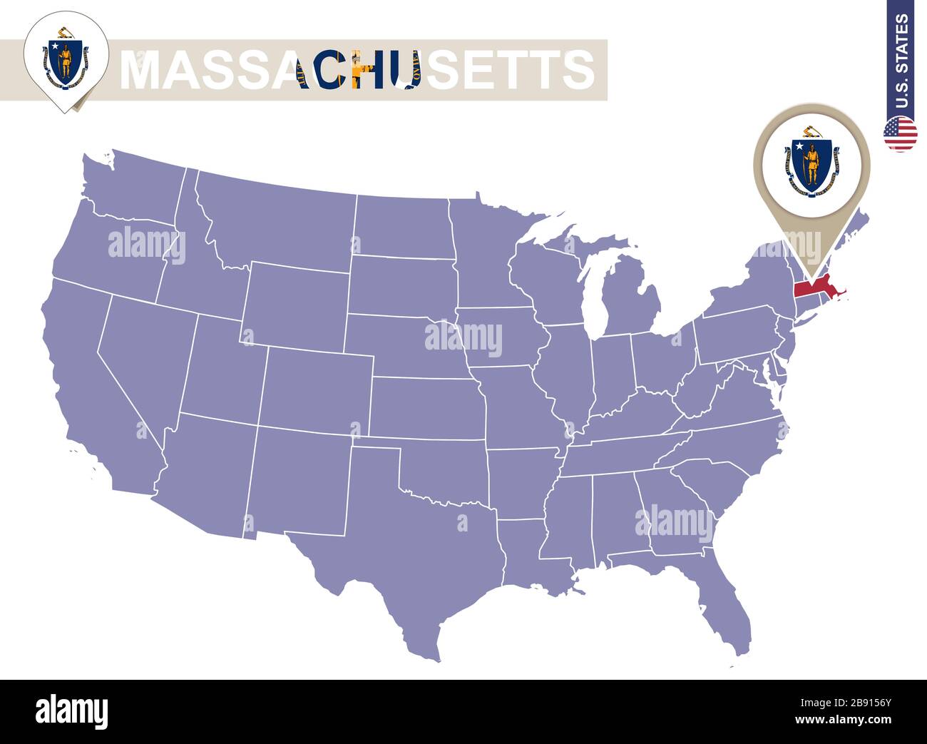 Stato del Massachusetts sulla mappa degli Stati Uniti. Bandiera e mappa del Massachusetts. STATI UNITI. Illustrazione Vettoriale