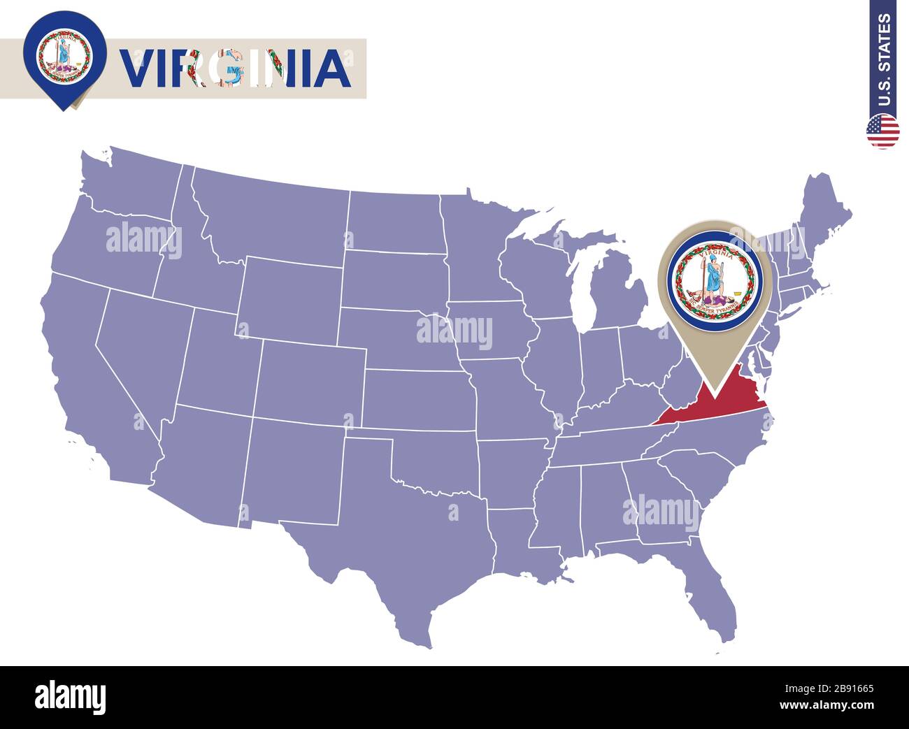 Stato della Virginia sulla mappa degli Stati Uniti. Bandiera e mappa della Virginia. STATI UNITI. Illustrazione Vettoriale