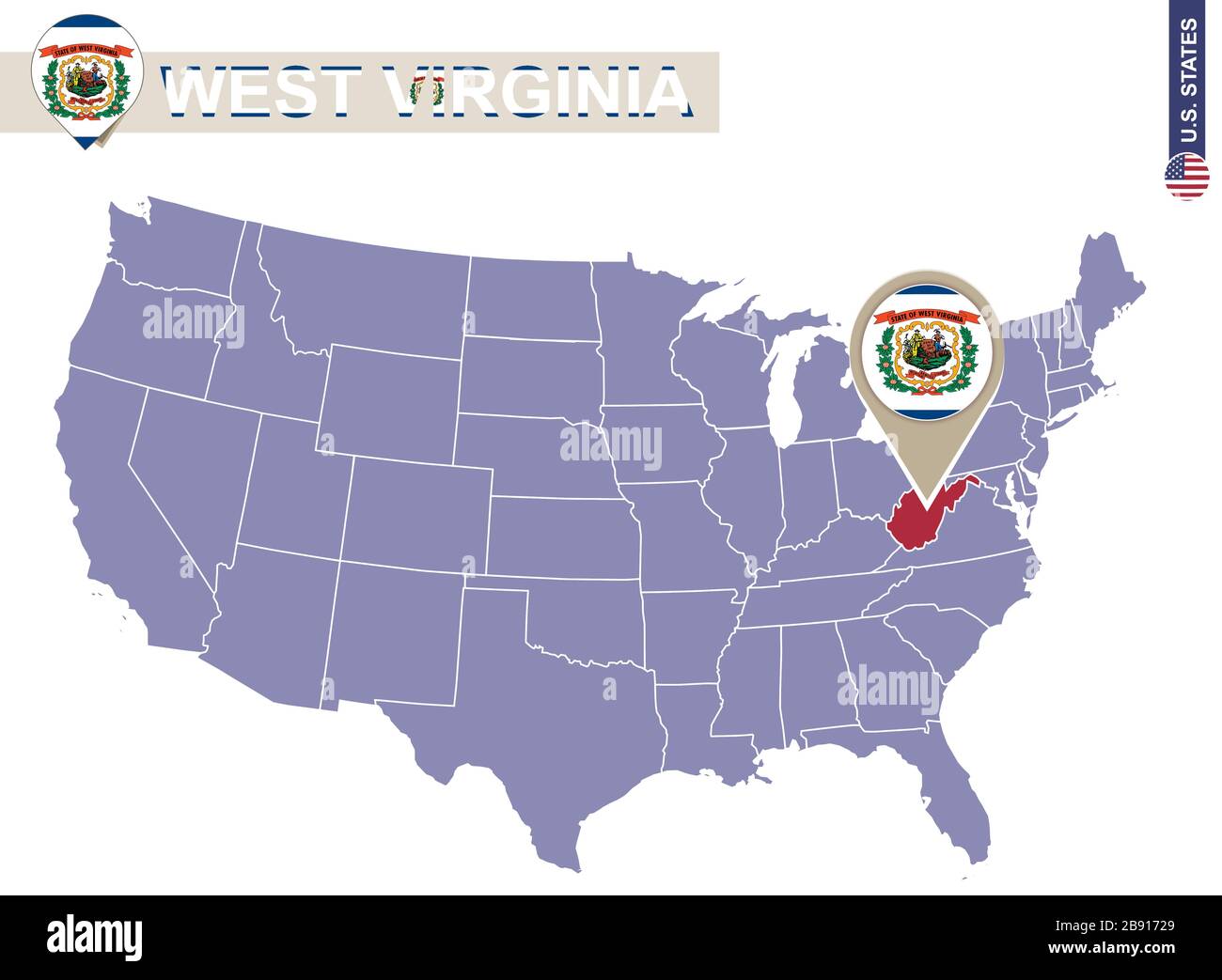 West Virginia state sulla mappa degli Stati Uniti. Bandiera e mappa del West Virginia. STATI UNITI. Illustrazione Vettoriale