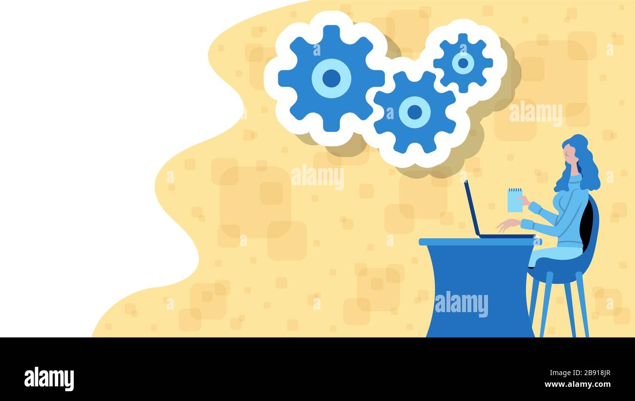 Donna d'affari che lavora per la produzione e i servizi con l'icona di cogweels. Tutti gli oggetti, le ombre e lo sfondo sono in livelli diversi. Illustrazione Vettoriale