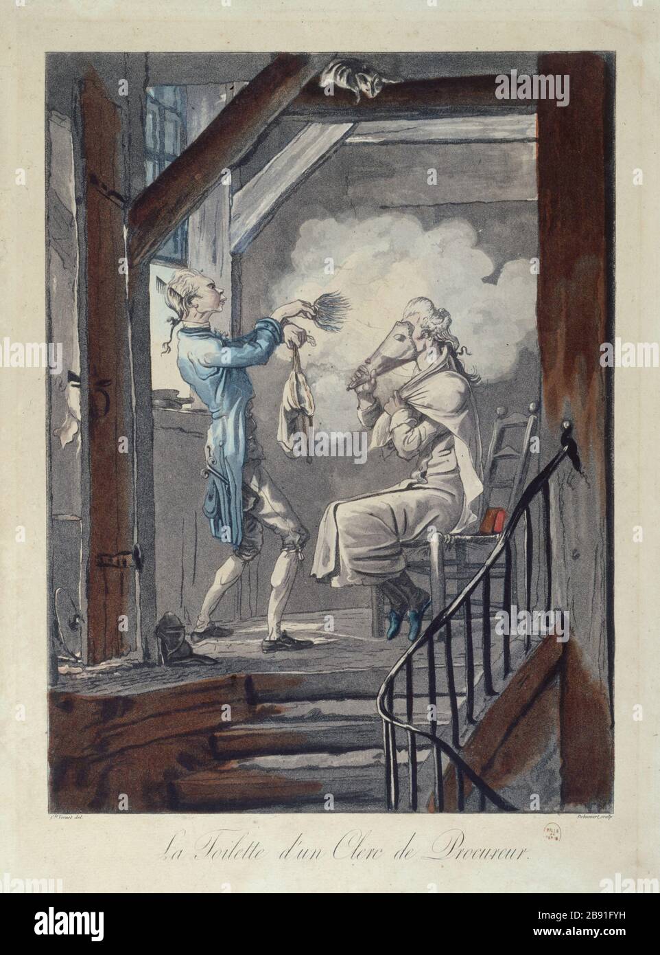 GABINETTO PER IMPIEGATO DI AVVOCATO Philibert-Louis Debucourt (1755-1832). "La toilette d'un clerc de procurreur". Gravure (aquatinte coloriée), 1816. Parigi, musée Carnavalet. Foto Stock