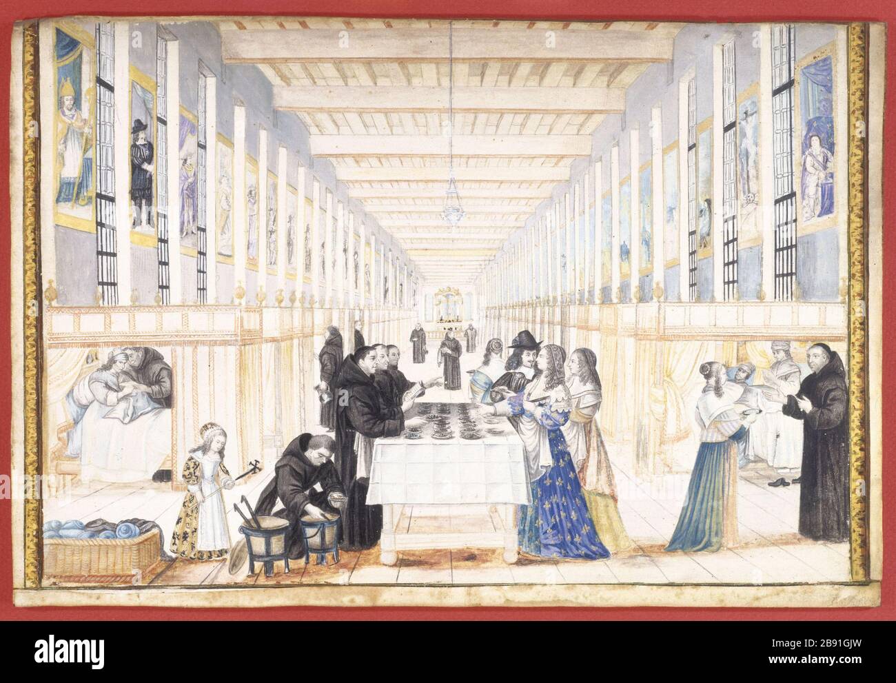 LA REGINA FRANCESE ANNA D'AUSTRIA E IL FIGLIO DI DAUPHIN VISITANO L'OSPEDALE DI CARITÀ ABRAHAM BOSSE (D'APRÈS). "La Reine française Anne d'Autriche et son fils le Dauphin visitant l'hôpital de la Charité". Parigi, musée Carnavalet. Foto Stock