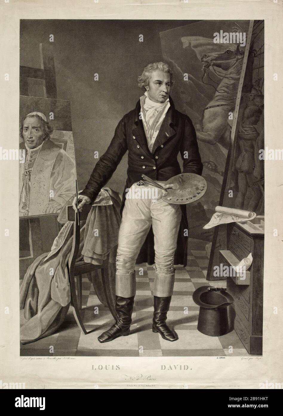 Louis David Jazet, d’après Joseph-Denis Odevaere (1778-1830). Jacques-Louis David (1748-1825). Aquatinte. Parigi, musée Carnavalet. Foto Stock
