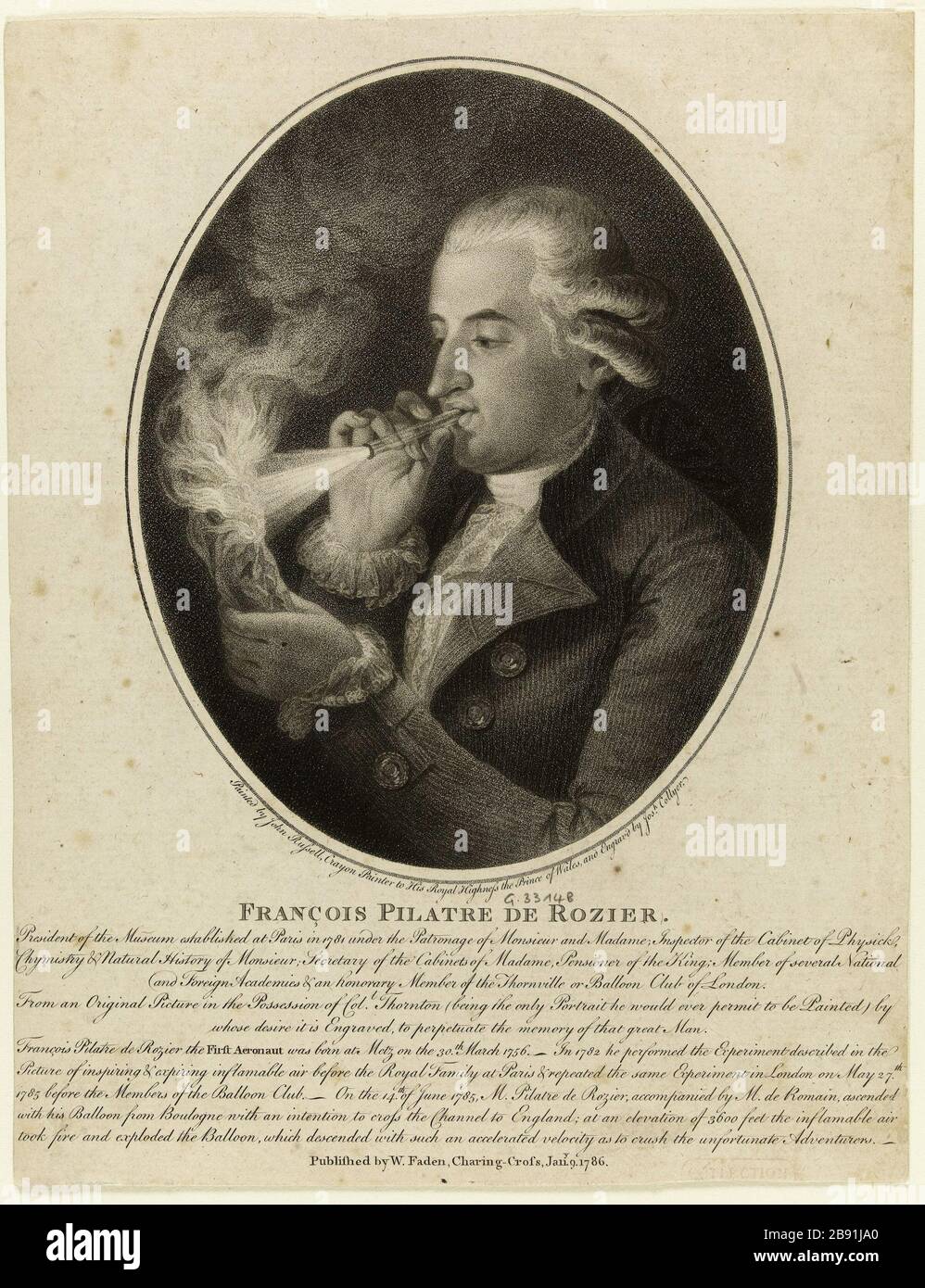 François Pilâtre Rozier. Joseph Collyer (1748-1827). "François Pilatre de Rozier". Eau-forte. Parigi, musée Carnavalet. Foto Stock