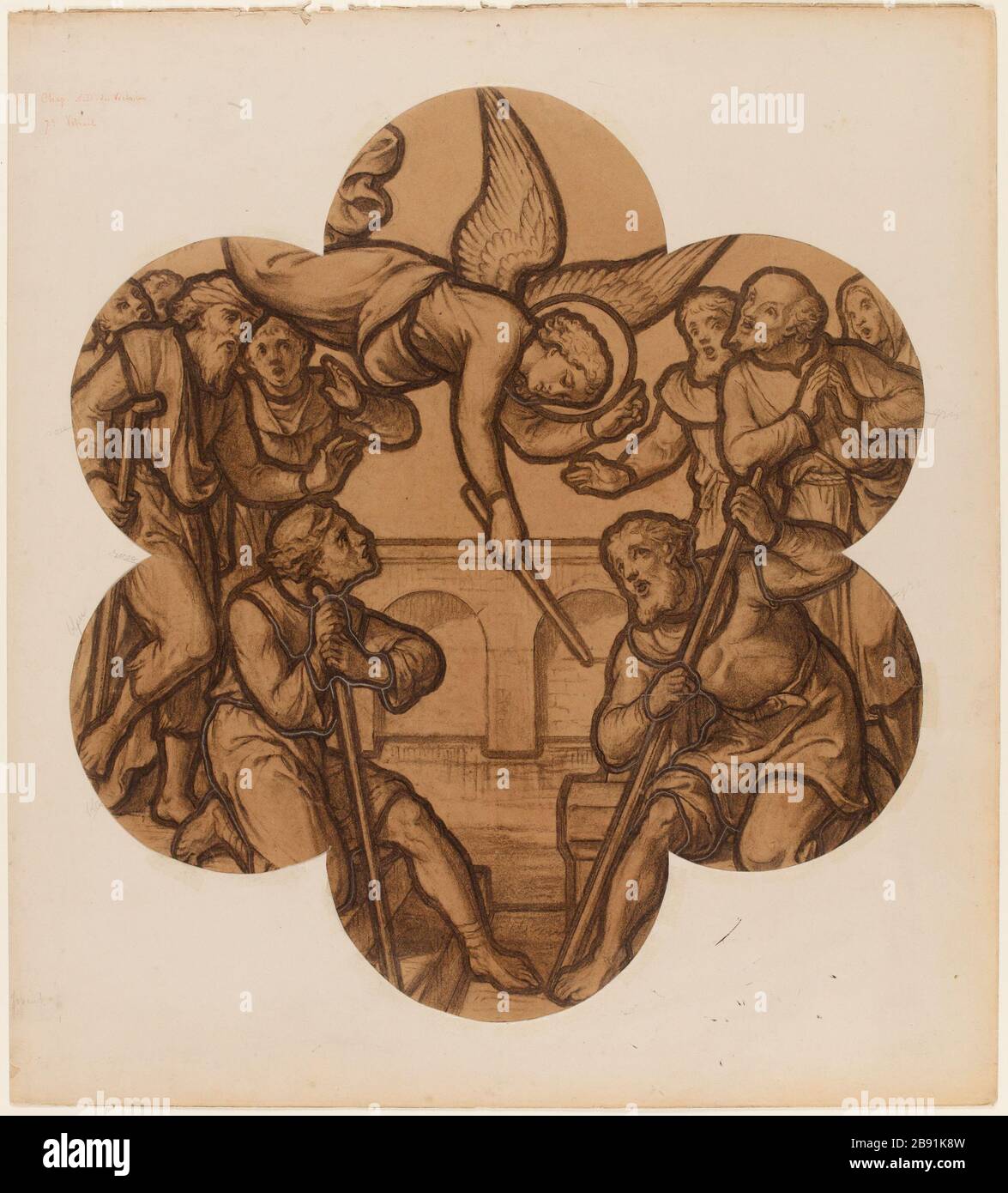 Un angelo uno spettacolo di mani, l'altro che tiene una bacchetta sta dirigendo un gruppo di uomini. (Titolo fittizio) Foto Stock