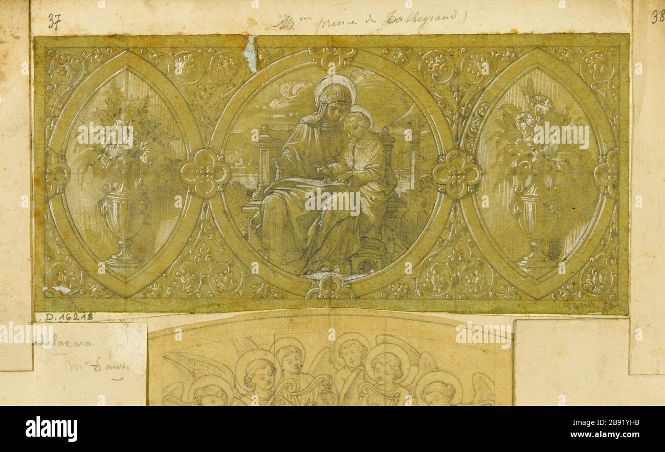 ALBUM n. 4; PROGETTO PER STAINED Prince de Talleyrand; TRE MEDAGLIONI IN UN RETTANGOLO: EDUCAZIONE DELLA VERGINE, VASI E PACCHETTI Atelier Gsell-Laurent. Album n° 4 ; projet de vitrail pour le Prince de Talleyrand ; trois médaillons dans un rettangolo : éducation de la Vierge, vasi et bouquets. Crayon, gouache blanche. Parigi, musée Carnavalet. Foto Stock