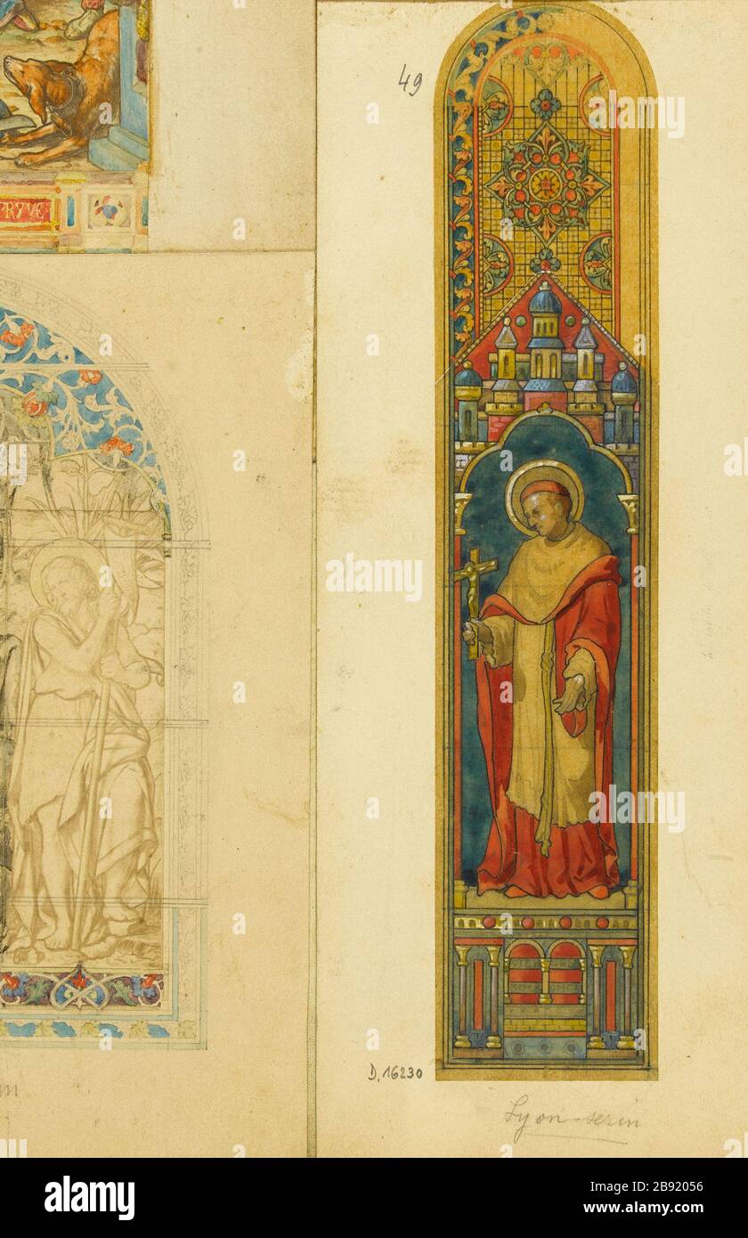 ALBUM n° 4; PROGETTO DI VETRATE PER LIONE (Serin): SAINT CHARLES BORROMEO Atelier Gsell-Laurent. Album n° 4 ; projet de vitrail pour Lyon (Serin) : Saint Charles Borromée. Crayon, aquarelle, gouache. Parigi, musée Carnavalet. Foto Stock