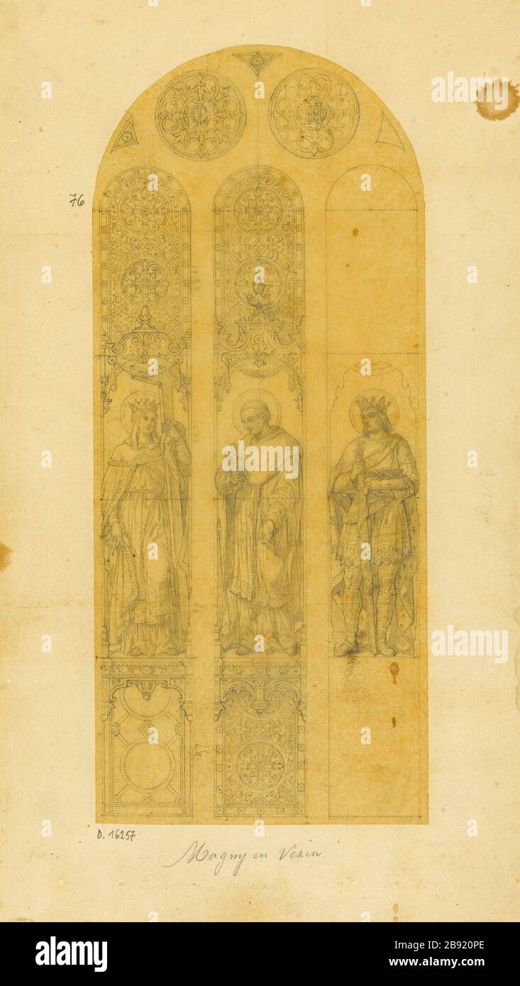 ALBUM N. 4; BOZZA PER MAGNY-EN-VEXIN; FINESTRA TRE SEZIONI: HELENE ST, SAINT CHARLES BORROMEO, SAINT LOUIS ATELIER GSELL-LAURENT. Album n° 4 ; projet de vitrail pour Magny-en-Vexin ; fenêtre à trois travées : Sainte Hélène, Saint Charles Borromée, Saint Louis. Crayon sur calque. Parigi, musée Carnavalet. Foto Stock