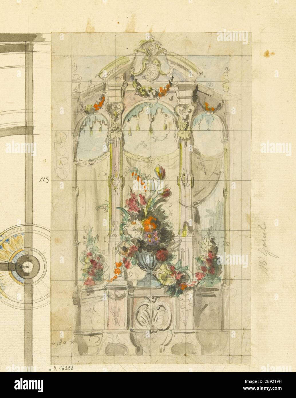 ALBUM n. 4; PROGETTO PER IL Sig. GARIEL MACCHIATO; DECORAZIONE DI FINESTRE ARCHITETTONICA: Drappeggi, VASI E PACCHETTI Atelier Gsell-Laurent. Album n°4 ; projet de vitrail pour M. Gariel ; fenêtre à décor d'architecture : drappeggi, vasi e bocce. Crayon, acquarelle. Parigi, musée Carnavalet. Foto Stock