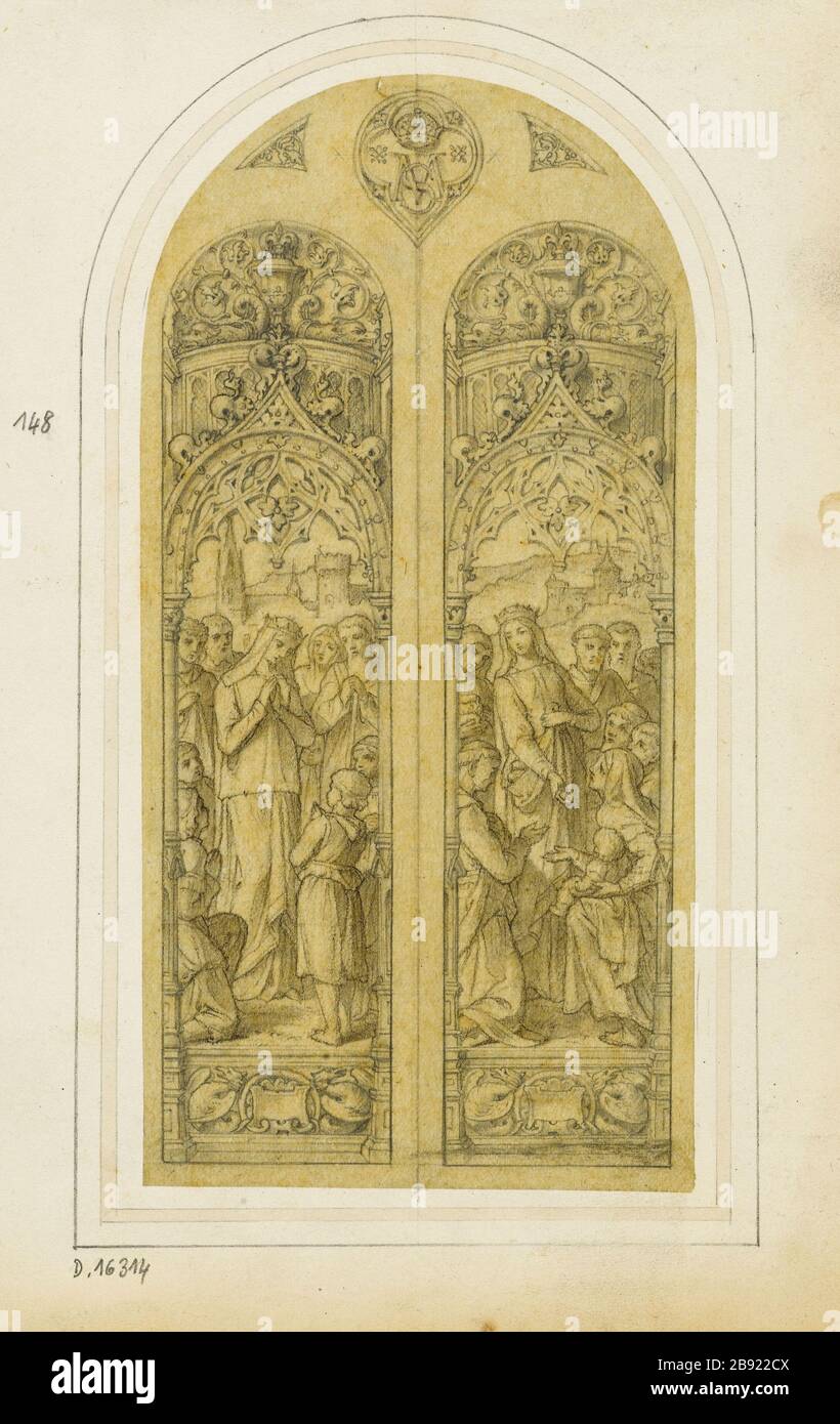 ALBUM N. 4; BOZZA PER VETRATE ISLE ADAM; FINESTRA DUE SI ESTENDE SU DUE SCENE DI BENEFICENZA REGINA (?) Atelier Gsell-Laurent. Album n°4 ; projet de vitrail pour l'Isle Adam ; fenêtre à deux travées : deux scènes de charité d'une reine (?). Crayon. Parigi, musée Carnavalet. Foto Stock