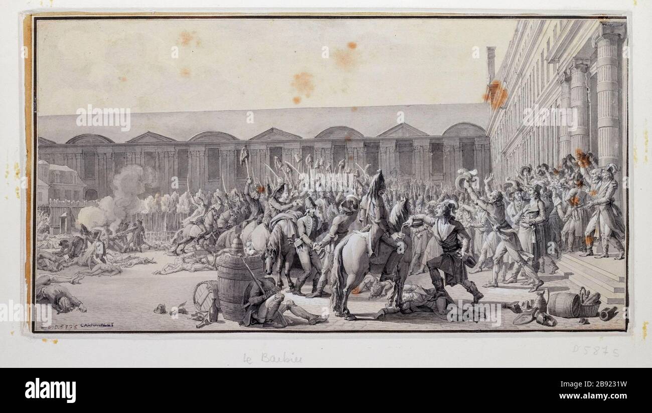 Rifugio re nella sala dell'arena Jean-Jacques-François le Barbier (1738-1826). "Le Roi réfugié dans la salle du manège 10 août 1792". Dessin. Parigi, musée Carnavalet. Foto Stock