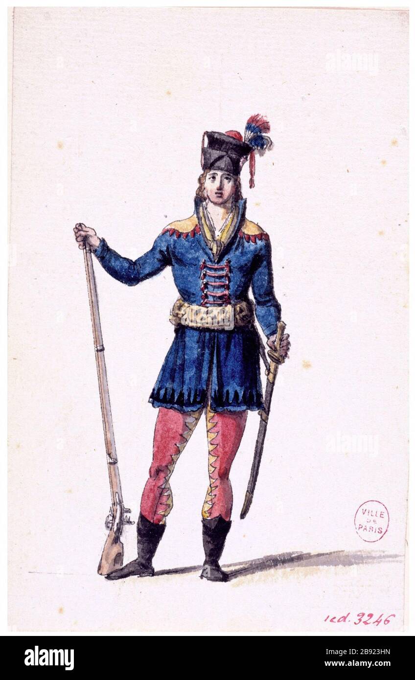 PROGETTO TUTA SCUOLA STUDENTI MARZO Pierre Etienne Lesueur. "Projet de costume des élèves de l'Ecole de Mars". Parigi, musée Carnavalet. Foto Stock