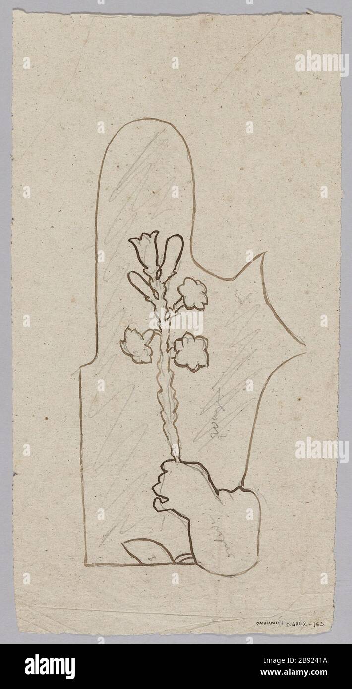 Finestra di progetto con un colpo di rete e colori di indicazione delle parti di vetro: Mano che tiene un fiore. (Titolo fittizio) Foto Stock