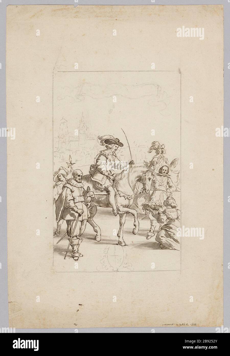 Progetto di un vetro civile macchiato: Pilota accolto da una donna ageunouillée. (Titolo fittizio) Foto Stock