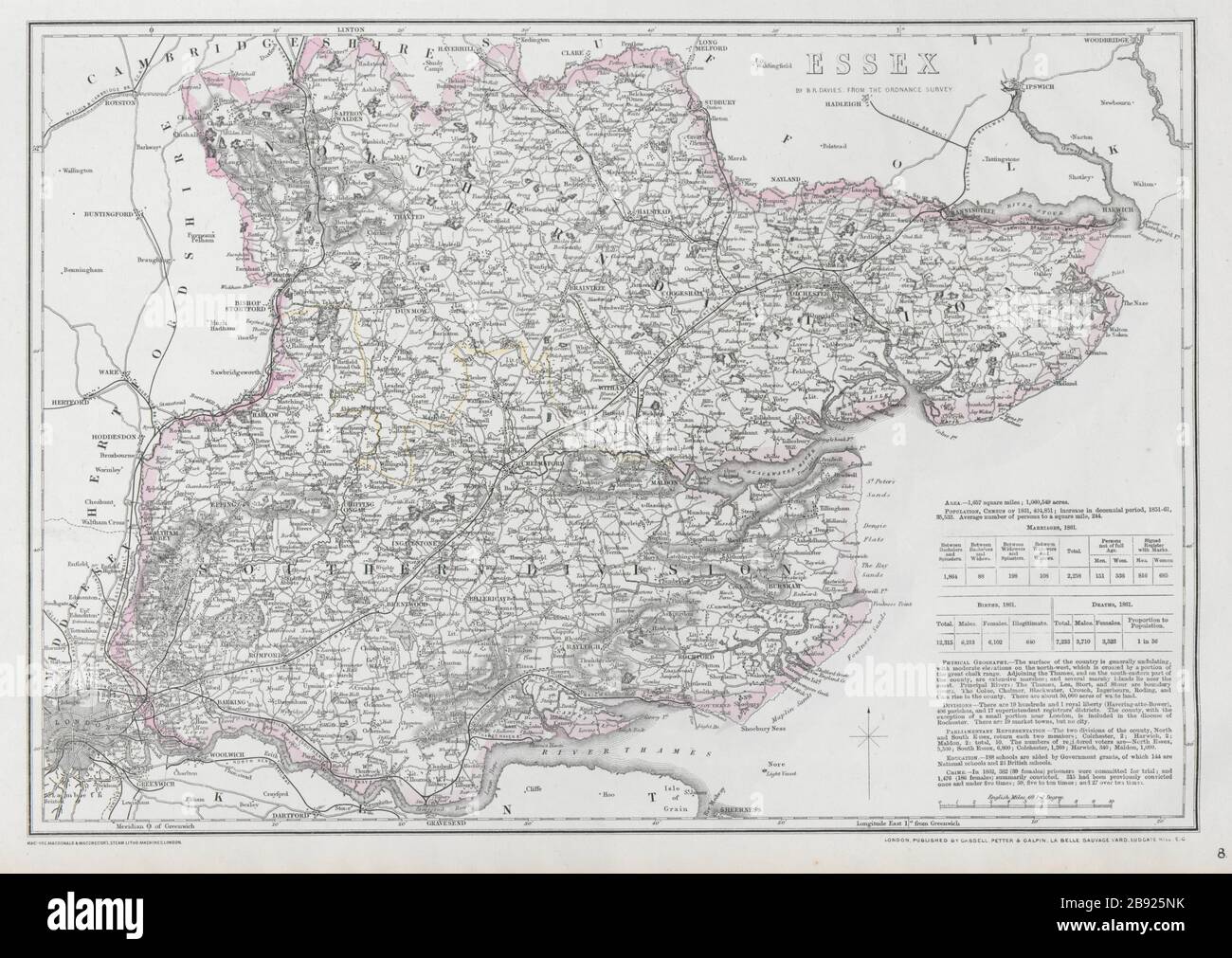 ESSEX. Antica mappa della contea. Ferrovie. BR DAVIES 1868 grafico vecchio piano Foto Stock