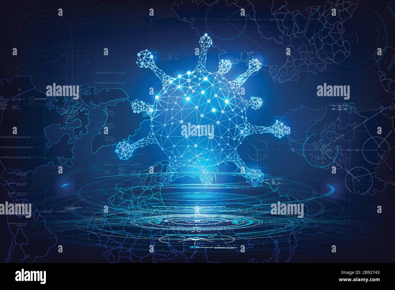 Virus 3D wireframe con interfaccia utente HUD per il concetto futuristico cyber, illustrazione vettoriale di rischio di virus di sfondo astratto Illustrazione Vettoriale
