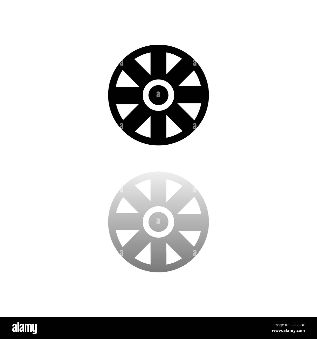 Ruota del carrello. Simbolo nero su sfondo bianco. Illustrazione semplice. Icona vettore piatto. Specchia ombra di riflessione. Può essere utilizzato con logo, Web, dispositivi mobili e interfaccia utente Illustrazione Vettoriale