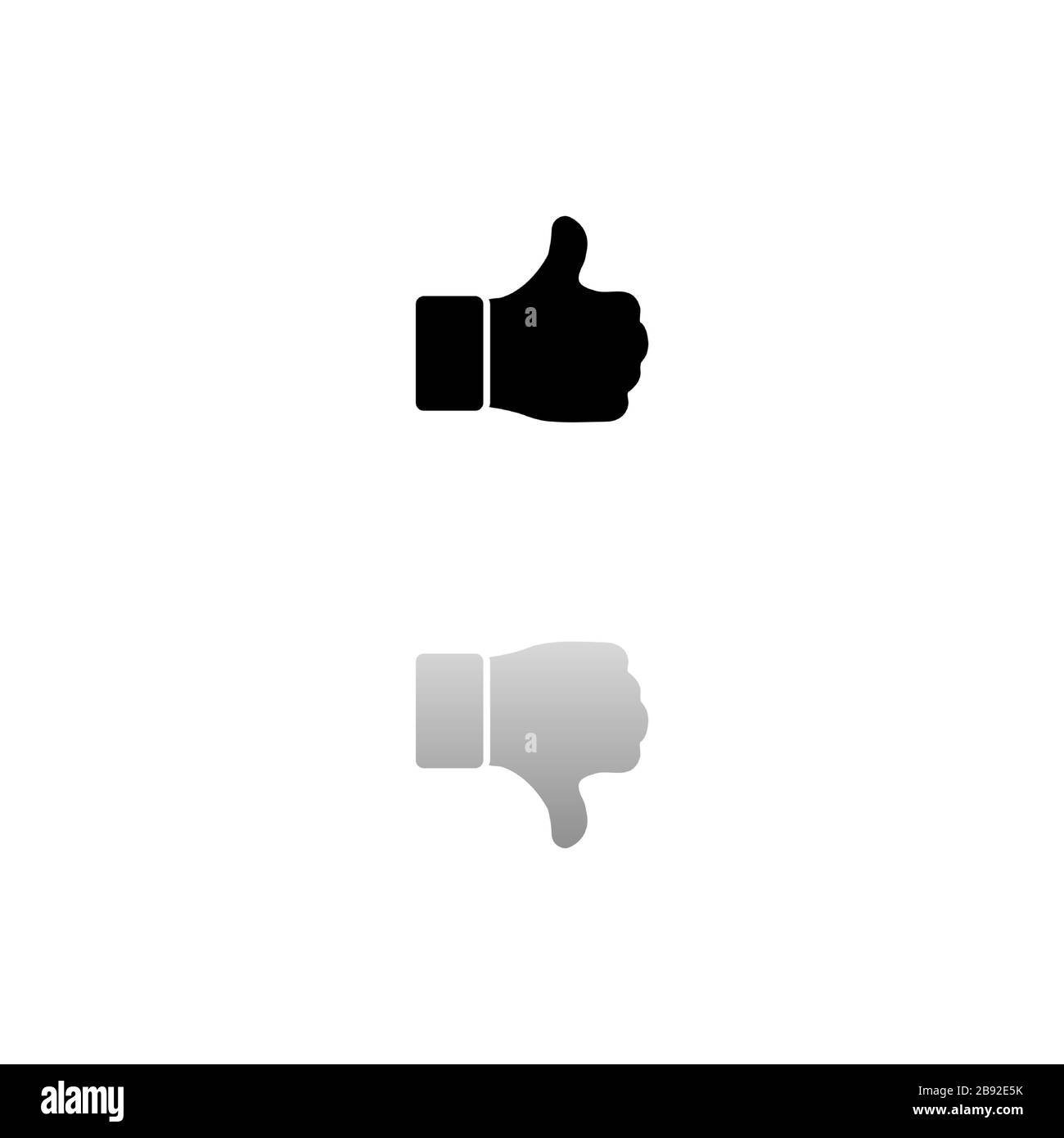 Mano Thumb Up, come. Simbolo nero su sfondo bianco. Illustrazione semplice. Icona vettore piatto. Specchia ombra di riflessione. Può essere utilizzato in logo, web, mobi Illustrazione Vettoriale