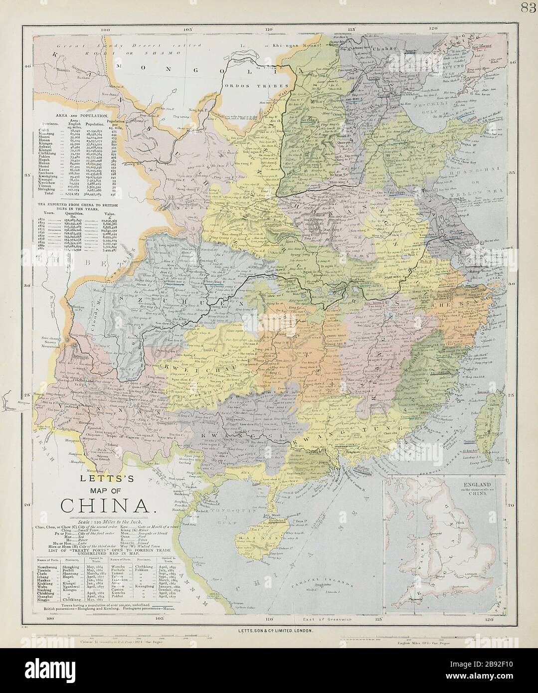 CINA. Province e porti di trattato. Tea Growing distretti ombreggiato rosso LETTS 1884 mappa Foto Stock