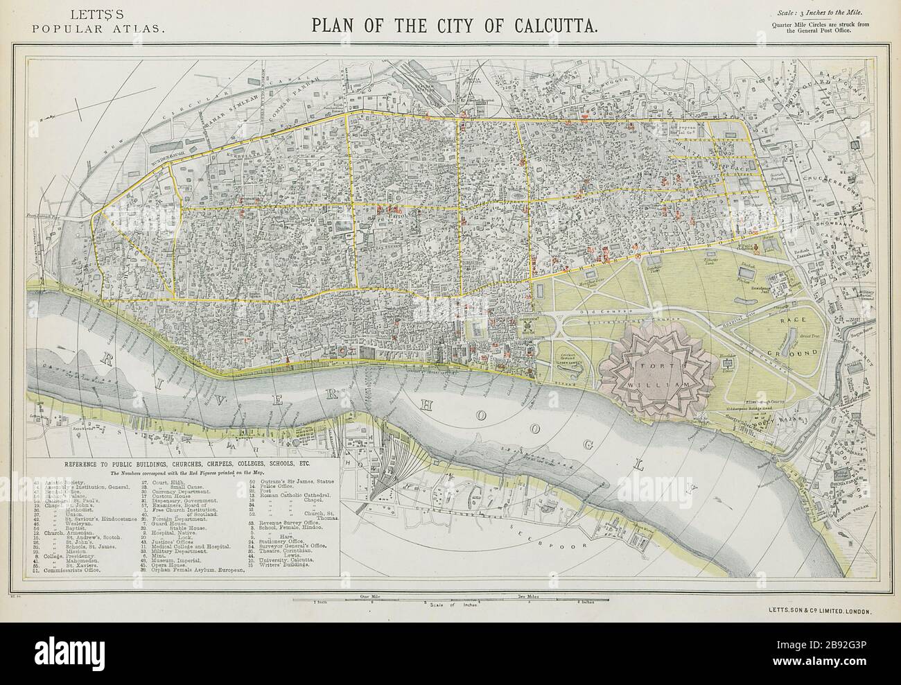 CALCUTTA KOLKATA pianta antica della città. Edifici pubblici. LETTERE 1884 Foto Stock