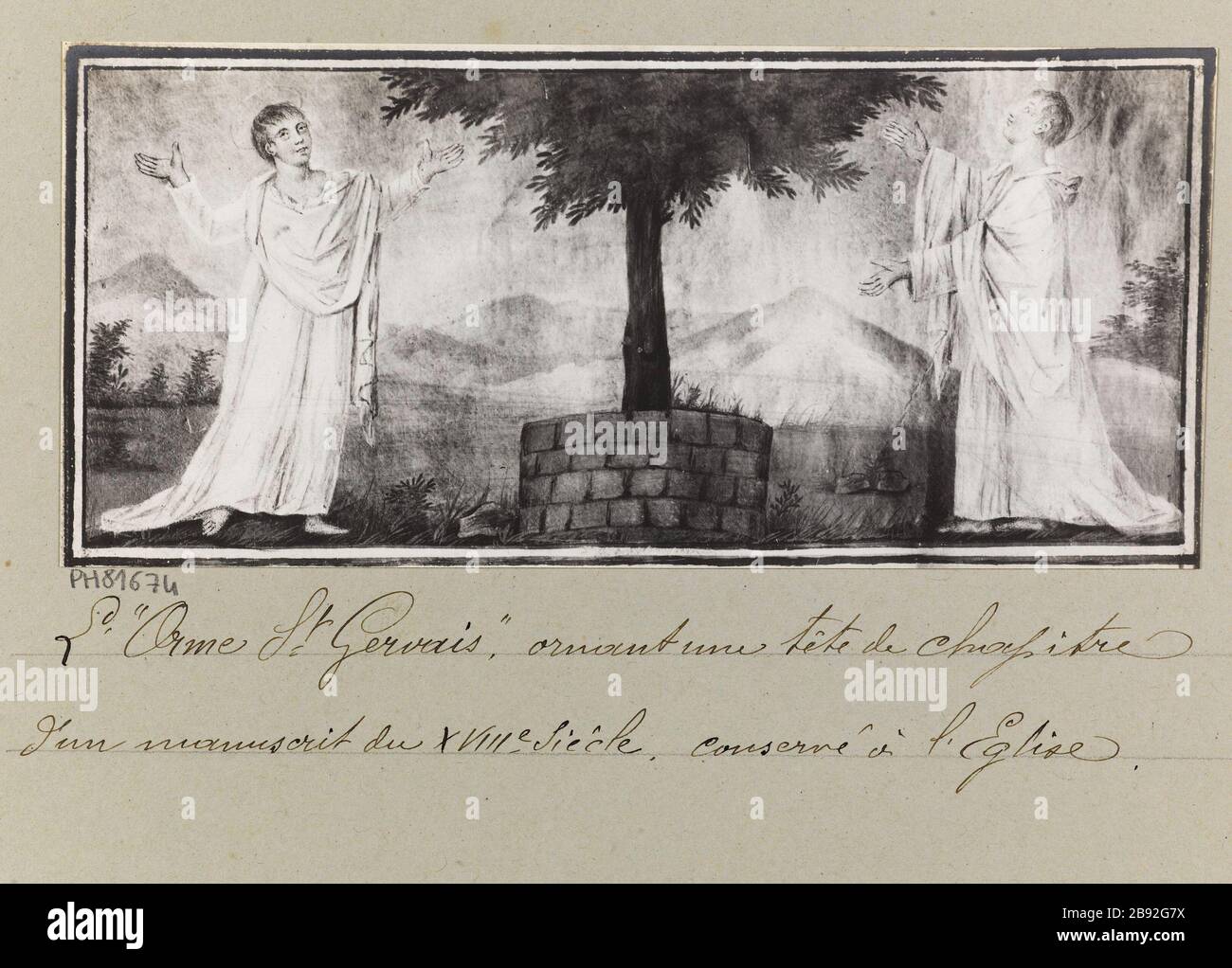 Il 'Elm St Gervais', che adorna un capitolo titolo / un manoscritto del XVIII secolo, conservato nella Chiesa. L'Orme Saint Gervais, riproduzione di un'illuminazione di un manoscritto del XVIII secolo conservato nella chiesa di Saint-Gervais. Barry, J. (veuve). L'Orme St Gervais', ornant une tête de chapitre / d'un manoscrit du XVIIIe siècle, conservé à l'Eglise. 'L'Orme Saint Gervais, riproduzione d'una illuminazione d'un manoscrit du XVIIIème siècle conservé dans l'église Saint-Gervais'. En 1912-05-1912-05. Parigi, musée Carnavalet. Foto Stock