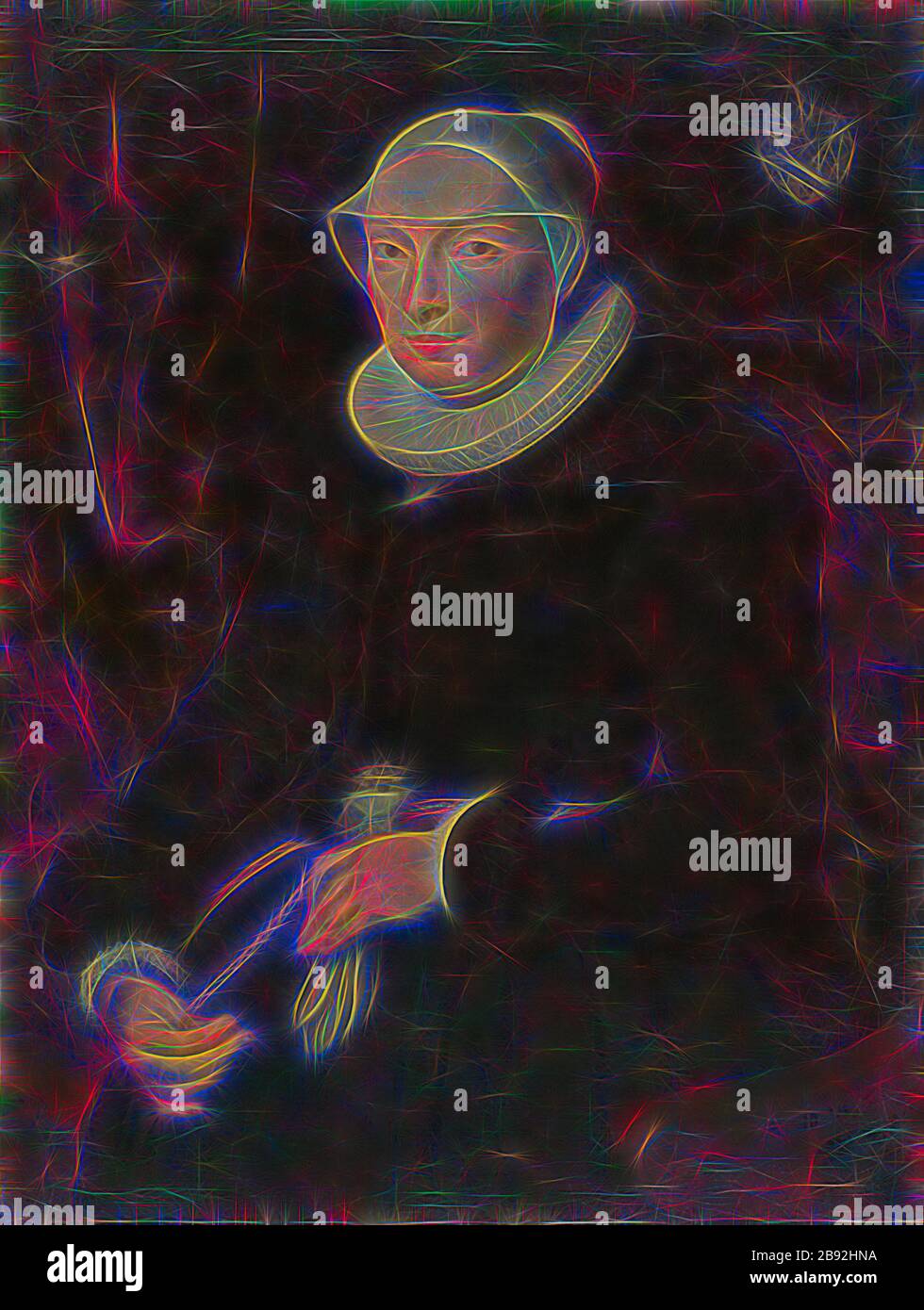 Ritratto di Chrischona Jeckelmann, moglie di Thomas Platters II, 1617, olio su tela, 99 x 75 cm, non datato, ma datato in basso a sinistra: Aº MDCXVII, Bartholomäus Sarburgh, (zugeschrieben / attribuito a), Trier um 1590 – nach 1637 Niederlande, Reimagined by Gibon, disegno di calore allegro di luminosità e raggi di luce radianza. Arte classica reinventata con un tocco moderno. La fotografia ispirata al futurismo, che abbraccia l'energia dinamica della tecnologia moderna, del movimento, della velocità e rivoluziona la cultura. Foto Stock