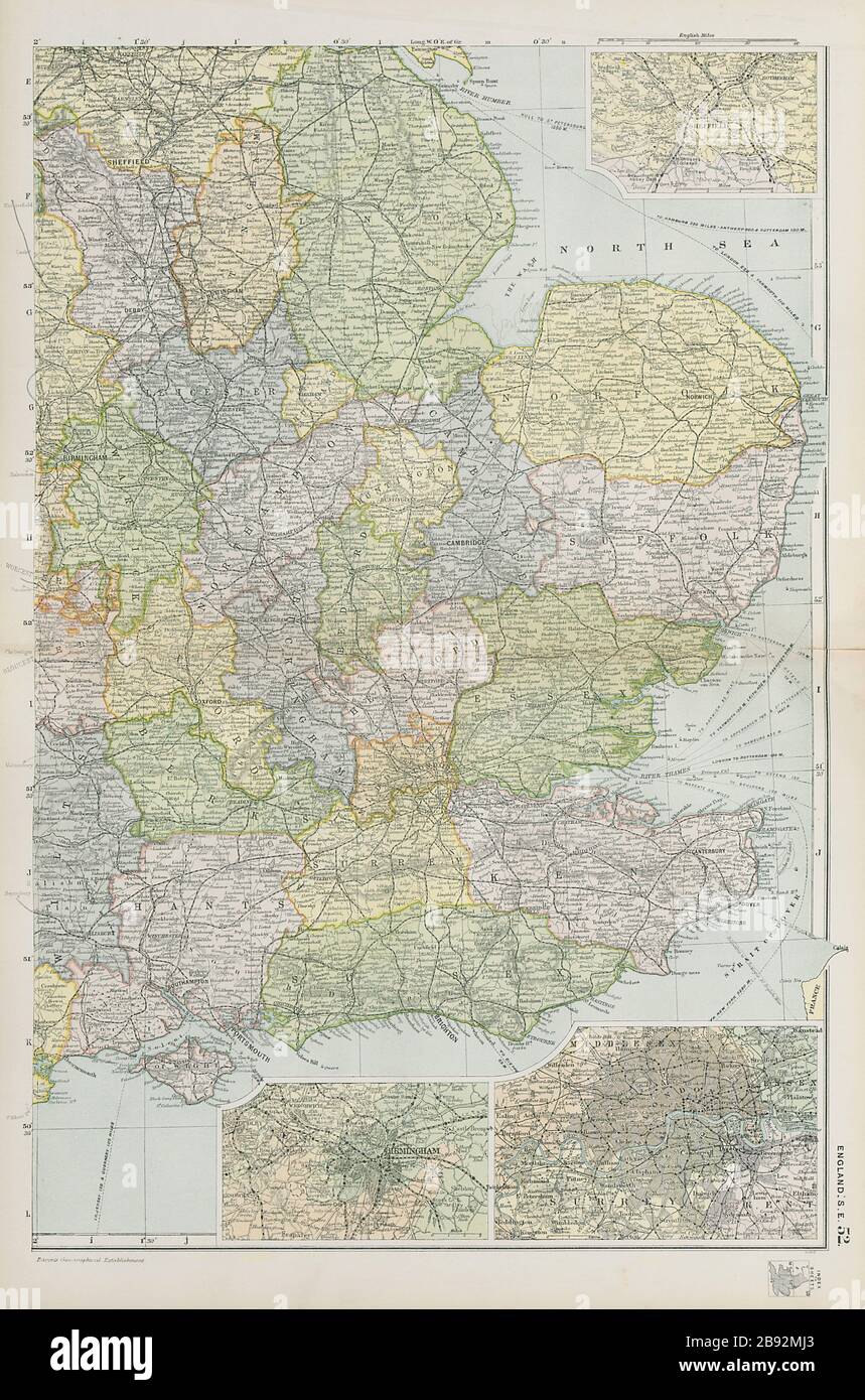 INGHILTERRA EST. Inset Sheffield Birmingham & London. PANCETTA 1900 vecchia mappa antica Foto Stock