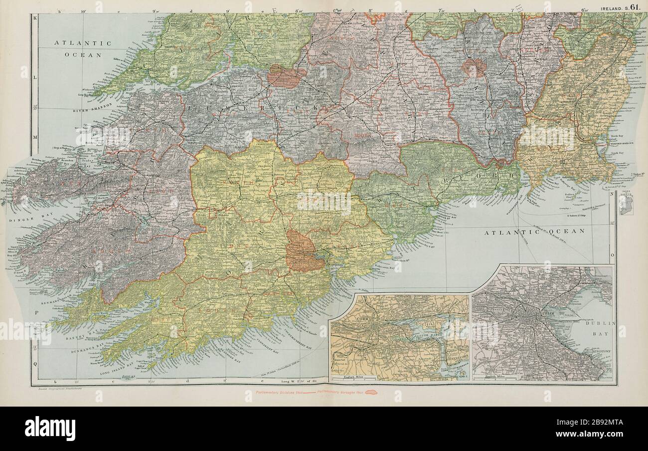 IRLANDA DEL SUD. Cork Dublino. Divisioni parlamentari boroughs. MAPPA BACON 1900 Foto Stock
