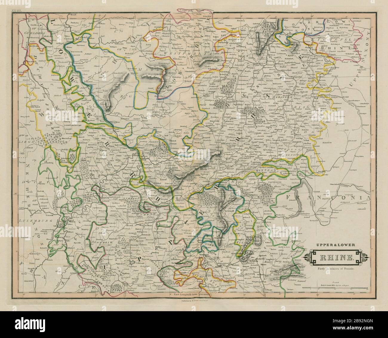 Alto e basso Reno, in parte province della Prussia. Germania. LIZARS 1842 mappa Foto Stock