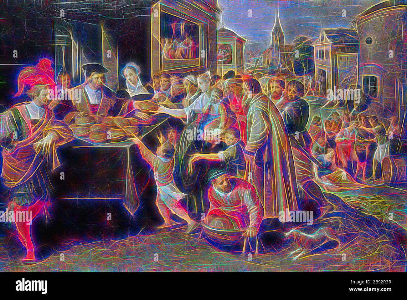 Le sette opere della Misericordia, 1617, olio su rovere, 100 x 148 cm, firmato e datato sulla pietra nell'angolo inferiore destro della foto: • A ° 1617 •, DN J [o] n [ge] francis franck., INVENTVR, et F., Frans II. Francken, Antwerpen 1581 – 1642 Antwerpen, Reimagined by Gibon, design di caldo e allegro bagliore di luminosità e raggi di luce radianza. Arte classica reinventata con un tocco moderno. La fotografia ispirata al futurismo, che abbraccia l'energia dinamica della tecnologia moderna, del movimento, della velocità e rivoluziona la cultura. Foto Stock