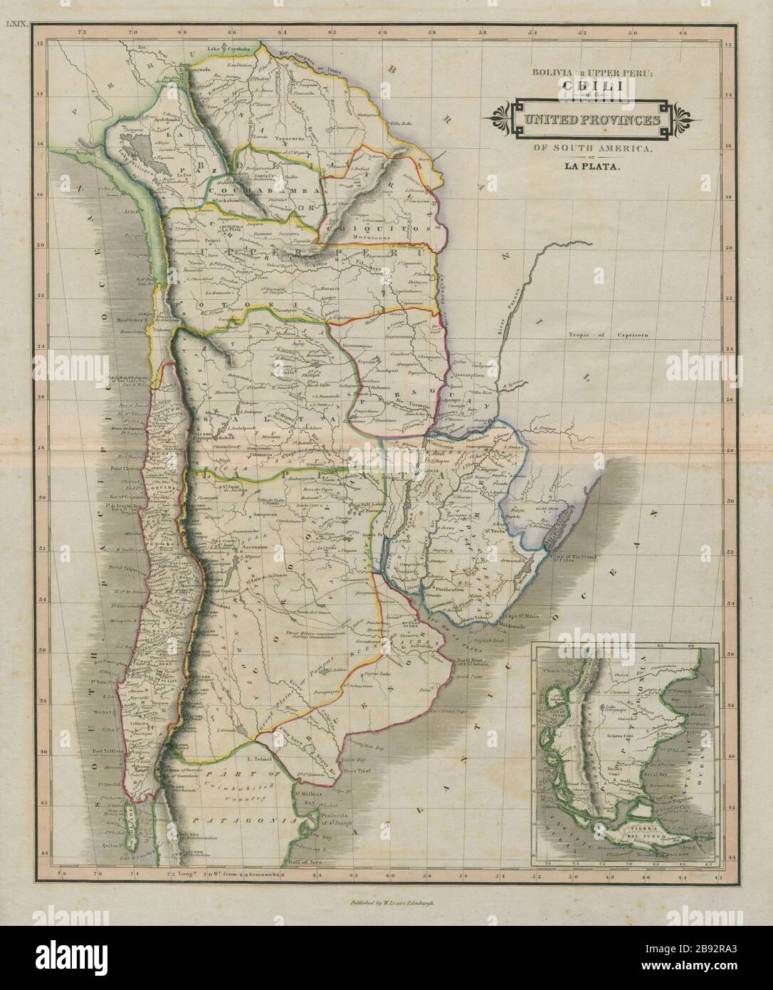 Bolivia o Perù superiore. Chili. Province unite di la Plata. LIZARS 1842 mappa Foto Stock