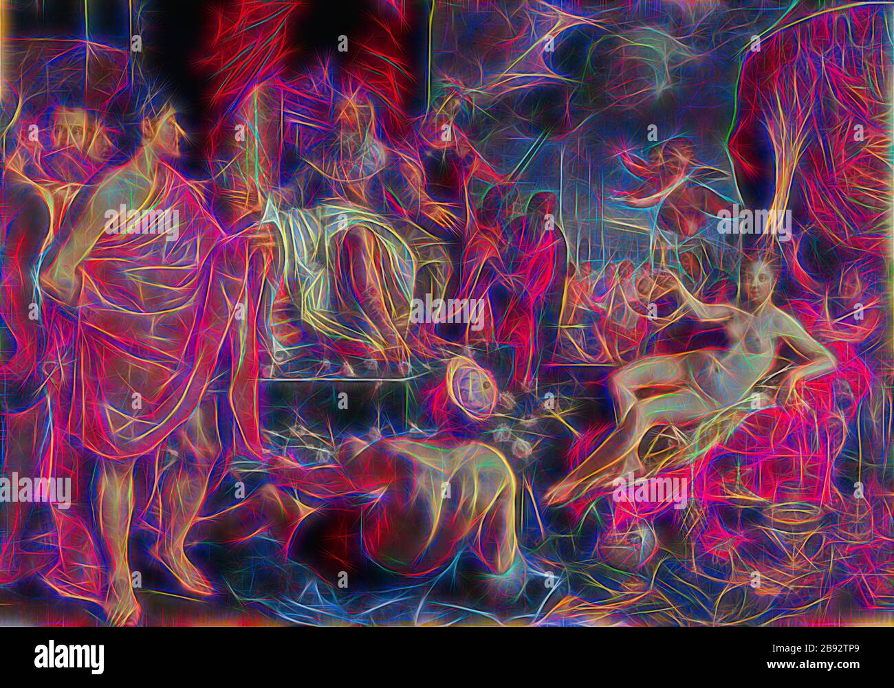 Hermes presenta Pandora al re Epimetheus, 1611, olio su tela, 181 x 256,8 cm, monogramma e datato: HG. [Ligated], A ° 1611. Sul trono superiore, su uno strumento di nuovo a terra l'anno: 1611, Hendrick Goltzius, Mühlbrecht 1558–1617 Haarlem, Reimagined da Gibon, disegno di calore allegro di luminosità e raggi di luce radianza. Arte classica reinventata con un tocco moderno. La fotografia ispirata al futurismo, che abbraccia l'energia dinamica della tecnologia moderna, del movimento, della velocità e rivoluziona la cultura. Foto Stock