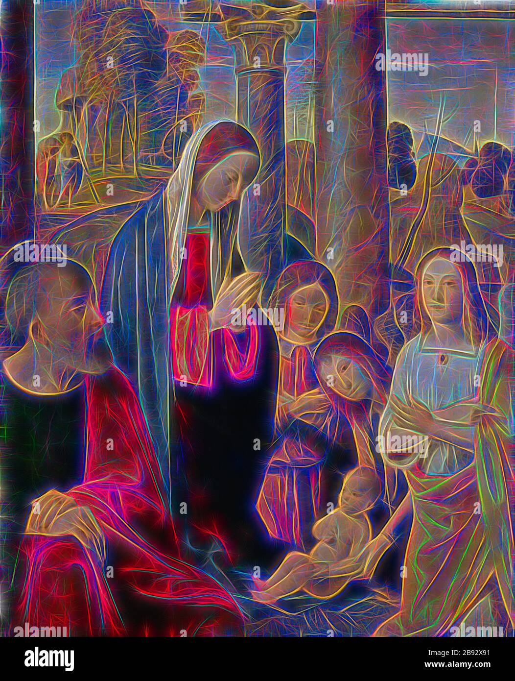 La Natività, tempera su legno di pioppo, 88,8 x 72,3 cm, senza marchio, Marco Palmezzano, Forlì 1459/63-1539 Forlì, reimmaginata da Gibon, disegno di calda luce allegra e luminosa radianza. Arte classica reinventata con un tocco moderno. La fotografia ispirata al futurismo, che abbraccia l'energia dinamica della tecnologia moderna, del movimento, della velocità e rivoluziona la cultura. Foto Stock